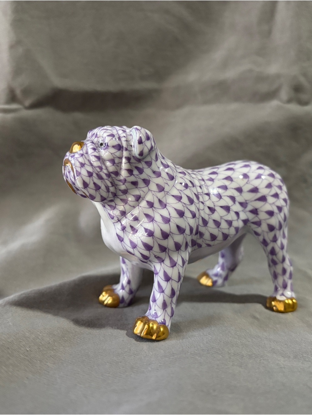 Herend Purple Fishnet Porcelain Bulldog with Gold Accents
